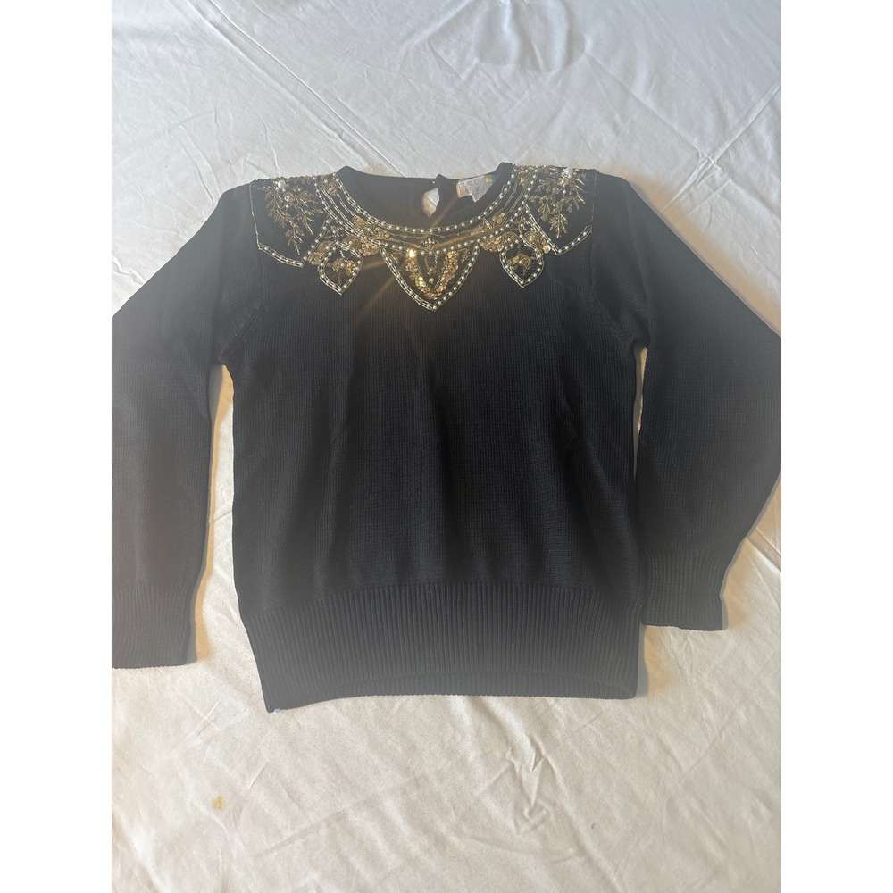 Claudia Barnes Sweater Womens M Black Sequin Pearl Embellished Vintage